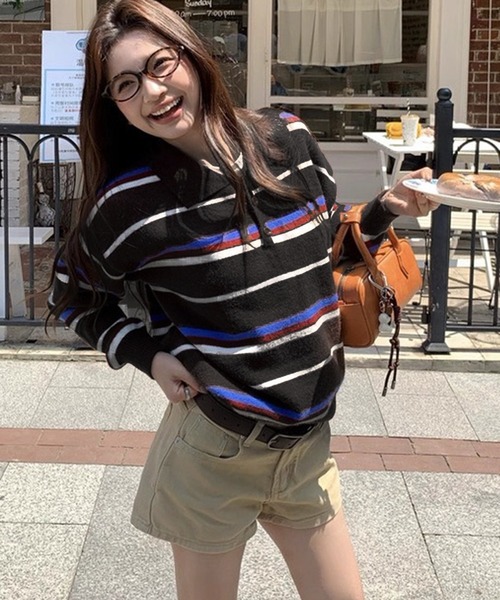 VIBGYOR（ヴィブジョー）の「マルチボーダーラガーシャツ ポロニット/韓国 オーバーサイズ (CZ)（ニット/セーター・レディース・ブラック/イエロー・FREE）」の3枚目の写真