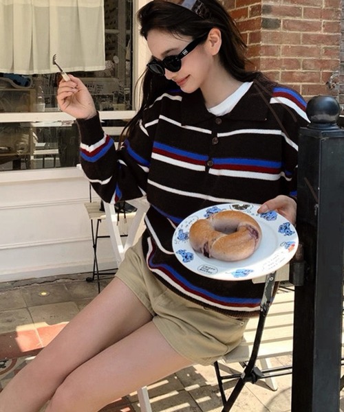 VIBGYOR（ヴィブジョー）の「マルチボーダーラガーシャツ ポロニット/韓国 オーバーサイズ (CZ)（ニット/セーター・レディース・ブラック/イエロー・FREE）」の4枚目の写真