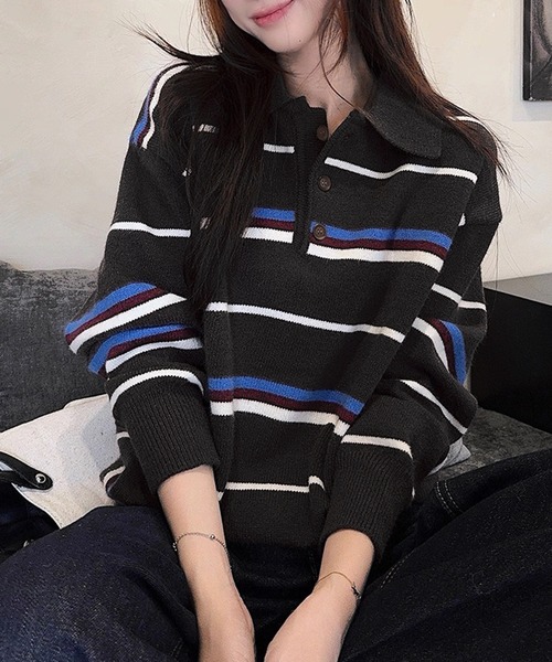 VIBGYOR（ヴィブジョー）の「マルチボーダーラガーシャツ ポロニット/韓国 オーバーサイズ (CZ)（ニット/セーター・レディース・ブラック/イエロー・FREE）」の5枚目の写真