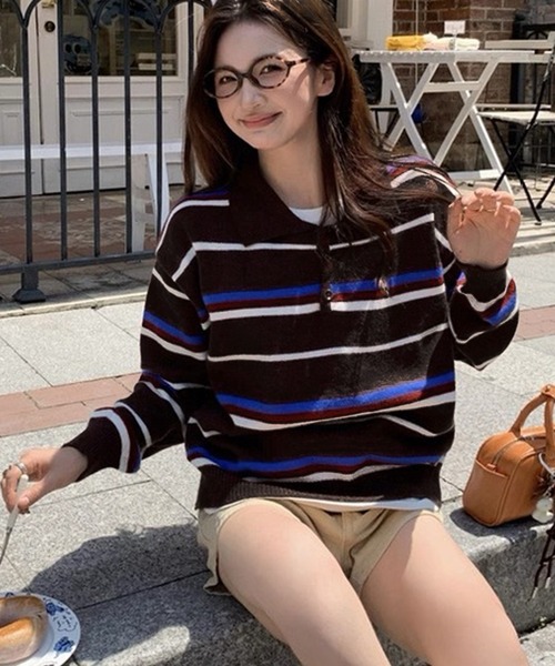 VIBGYOR（ヴィブジョー）の「マルチボーダーラガーシャツ ポロニット/韓国 オーバーサイズ (CZ)（ニット/セーター・レディース・ブラック/イエロー・FREE）」の6枚目の写真