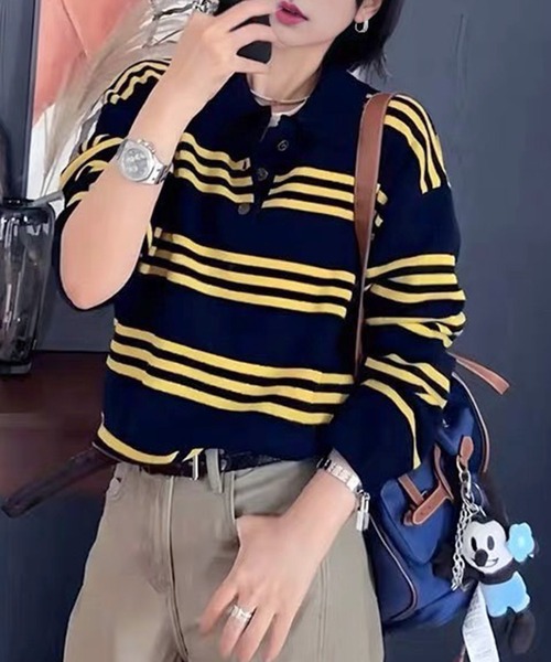 VIBGYOR（ヴィブジョー）の「マルチボーダーラガーシャツ ポロニット/韓国 オーバーサイズ (CZ)（ニット/セーター・レディース・ブラック/イエロー・FREE）」の7枚目の写真