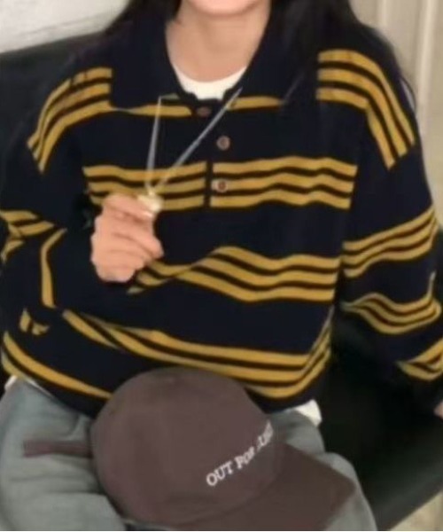 VIBGYOR（ヴィブジョー）の「マルチボーダーラガーシャツ ポロニット/韓国 オーバーサイズ (CZ)（ニット/セーター・レディース・ブラック/イエロー・FREE）」の10枚目の写真