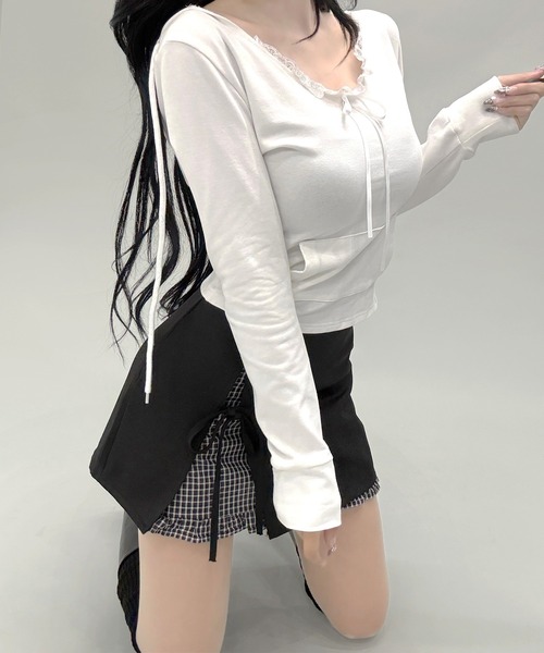 FOLLOWIN(フォロウィン)の「レイヤード風チェックリボン付きスリットデザイン台形スカート(スカート・レディース・グレー/ブラック・SMALL/MEDIUM/LARGE)」の15枚目の写真