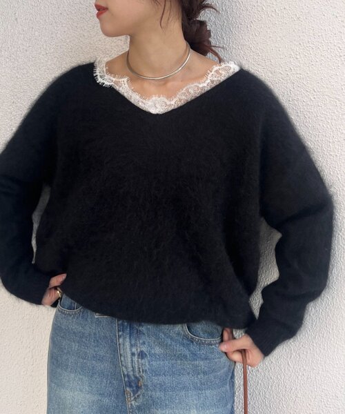 SHENERY（シーナリー）の「レースＶネックウールニット（ニット/セーター・レディース・ブラック/オフホワイト/グレー・FREE）」の3枚目の写真