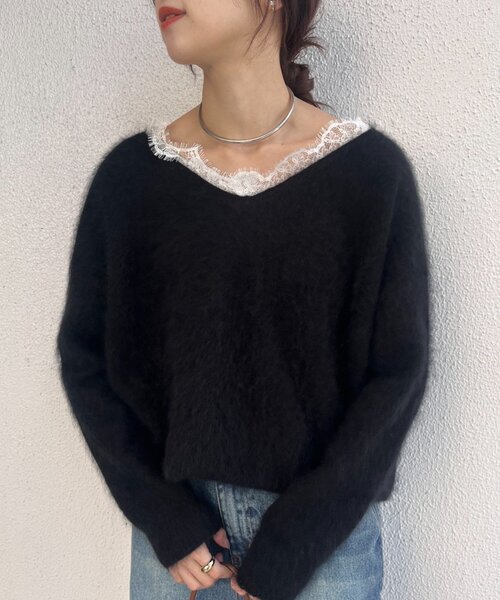 SHENERY（シーナリー）の「レースＶネックウールニット（ニット/セーター・レディース・ブラック/オフホワイト/グレー・FREE）」の18枚目の写真