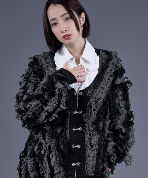 セール】メタルチャイナボタンフリンジニットカーディガン