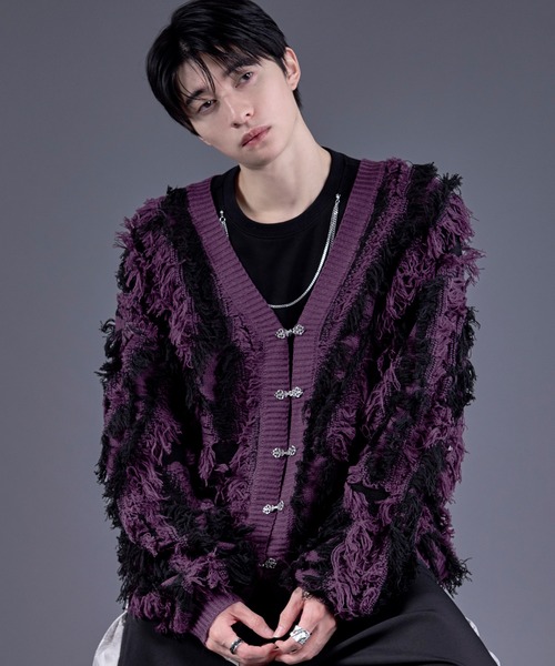 Ellno Loset（エルノロゼット）の「メタルチャイナボタンフリンジニットカーディガン（カーディガン/ボレロ・メンズ・パープル/ブラック・SMALL/MEDIUM/LARGE）」の12枚目の写真