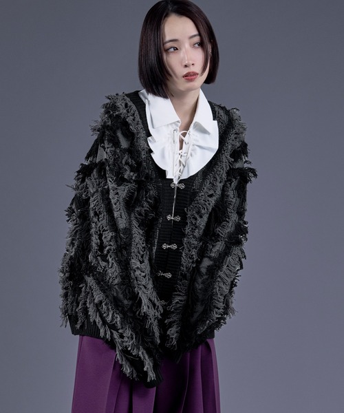 セール】メタルチャイナボタンフリンジニットカーディガン