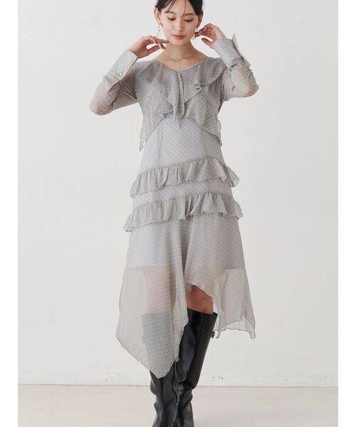 MERCURYDUO（マーキュリーデュオ）の「ラッフルイレヘムロングワンピース（ワンピース・レディース・ブラウン/ブラック/グレー・MEDIUM/SMALL）」の9枚目の写真