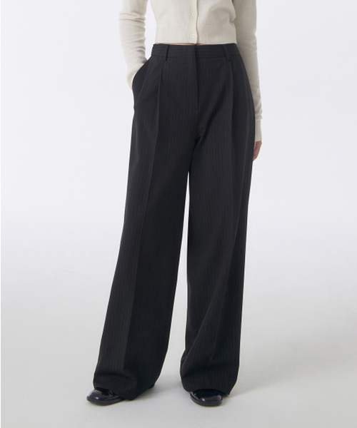 MUSINSA STANDARD WOMAN（ムシンサスタンダードウーマン）の「ウィメンズピンストライプローレイズワイドヒドゥンバンディングスラックス[ブラック]（スラックス・レディース・その他・34/32/30/31/26/27/28/29/24）」の4枚目の写真