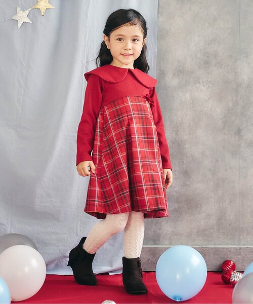 リンク】ケープカラーチェックワンピース_ジュニア対応（ワンピース