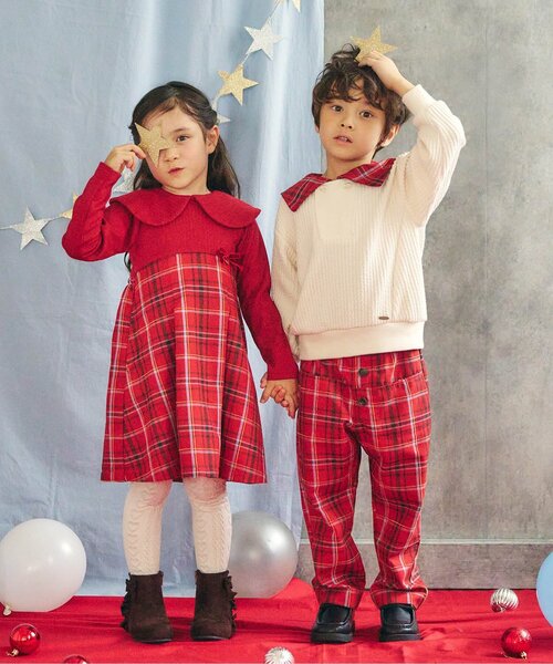 apres les cours（アプレレクール）の「【リンク】ケープカラーチェックワンピース_ジュニア対応（ワンピース・キッズ・レッド/サックスブルー・80/90/100/110/120/130/140）」の6枚目の写真