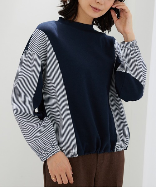 BELLUNA PLUS(ベルーナ)の「ストライプ切替デザインプルオーバー(Tシャツ/カットソー・レディース・グレー系/ネイビー系・LARGE/MEDIUM/X-LARGE)」の1枚目の写真