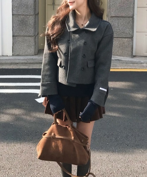 セール】襟付きダブルブレストショートメルトンジャケット（ピーコート