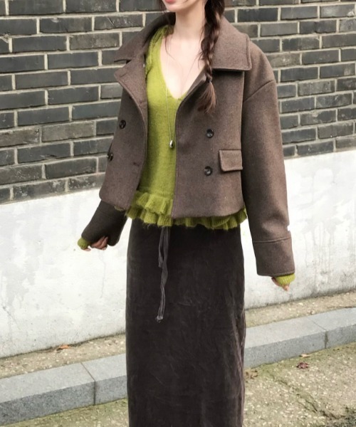 セール】襟付きダブルブレストショートメルトンジャケット（ピーコート