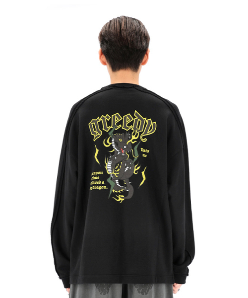 グリッドピグメントドラゴンオーバーサイズロングスリーブスウェットシャツ (Zブラック)