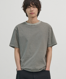 ピグメントダイストライプハーフTシャツ (GREY)