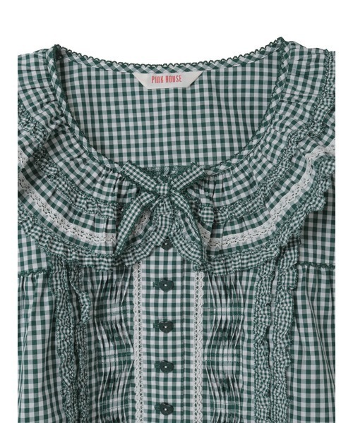 フリル襟付きギンガムチェックブラウス（シャツ/ブラウス）｜PINK