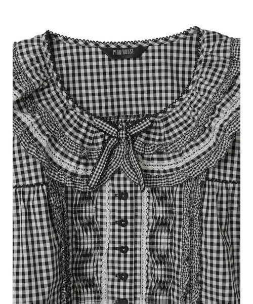 [フェミニン]PINKHOUSE　フリルスタンドブラウス　リボン　チェック フェミニン]PINKHOUSE フリルスタンドブラウス リボン チェック - メルカリ