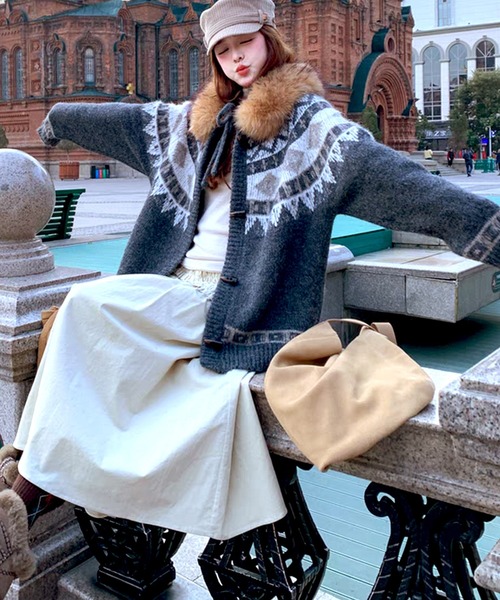 フェイクファーノルディック柄ニットパーカー（ニット/セーター