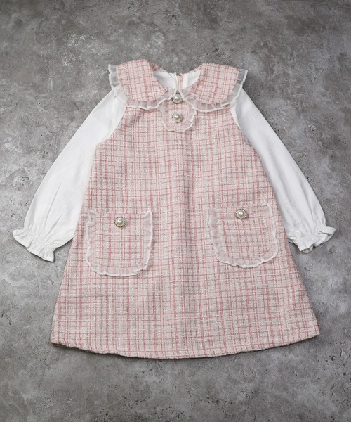 la poche biscuit（ラポシェビスキュイ）の「【オケージョン】ツイードワンピース（ワンピース・キッズ・ピンク/サックスブルー・100/130/120/110/90/80/140）」の4枚目の写真