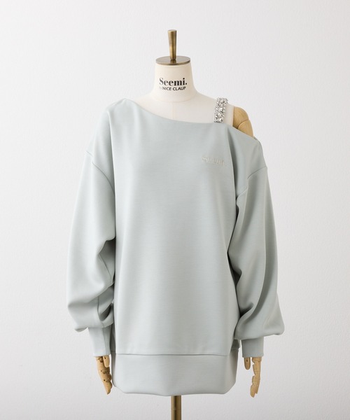 Seemi. byNICECLAUP（ シーミーバイナイスクラップ）の「【Seemi.】肩ビジューワンショルトップス（Tシャツ/カットソー・レディース・ホワイト×ネイビー/ミント/ピンク・FREE）」の13枚目の写真