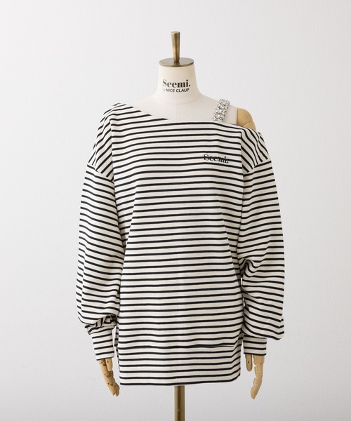 Seemi. byNICECLAUP（ シーミーバイナイスクラップ）の「【Seemi.】肩ビジューワンショルトップス（Tシャツ/カットソー・レディース・ホワイト×ネイビー/ミント/ピンク・FREE）」の12枚目の写真