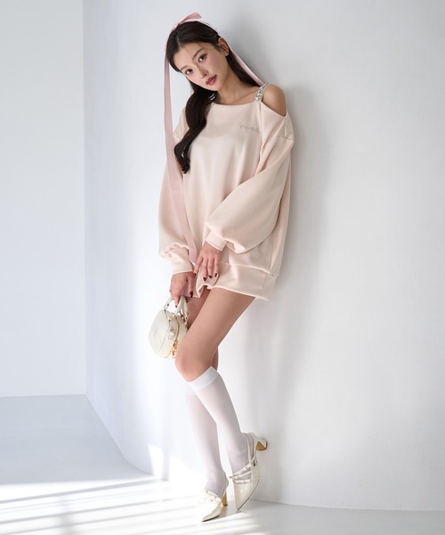 Seemi. byNICECLAUP（ シーミーバイナイスクラップ）の「【Seemi.】肩ビジューワンショルトップス（Tシャツ/カットソー・レディース・ホワイト×ネイビー/ミント/ピンク・FREE）」の20枚目の写真