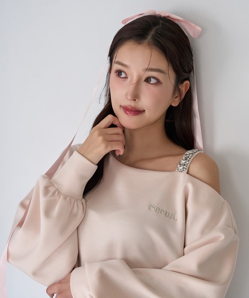 Seemi. byNICECLAUP（ シーミーバイナイスクラップ）の「【Seemi.】肩ビジューワンショルトップス（Tシャツ/カットソー・レディース・ホワイト×ネイビー/ミント/ピンク・FREE）」の16枚目の写真