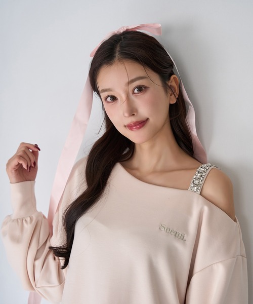 Seemi. byNICECLAUP（ シーミーバイナイスクラップ）の「【Seemi.】肩ビジューワンショルトップス（Tシャツ/カットソー・レディース・ホワイト×ネイビー/ミント/ピンク・FREE）」の15枚目の写真