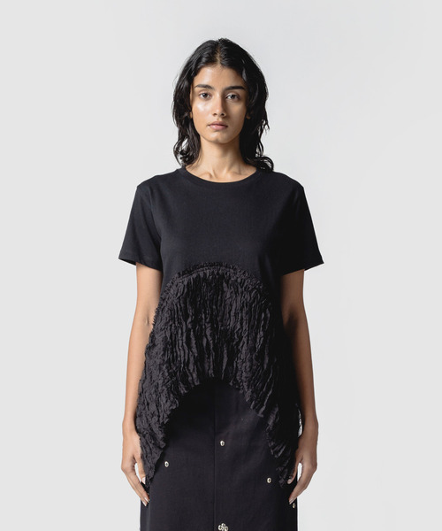 muller of yoshiokubo（ミュラーオブヨシオクボ）の「muller of yoshiokubo ミュラーオブヨシオクボ / RUFFLE CHIFFON T-SHIRTS ラッフルシフォンミックスTシャツ / MLS26111（Tシャツ/カットソー・レディース・ブラック/ブルー/ホワイト・38/36）」の2枚目の写真