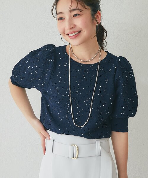 La boutique BonBon（ラブティックボンボン）の「【今すぐお届け！】ブークレスパンコールパフスリーブニット（ニット/セーター・レディース・ホワイト/ピンク/ネイビー・FREE）」の3枚目の写真