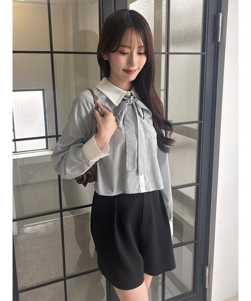 SNIDEL(スナイデル)の「バリエクロップドシャツ(シャツ/ブラウス・レディース・ストライプ/ホワイト/ピンク・F)」の1枚目の写真