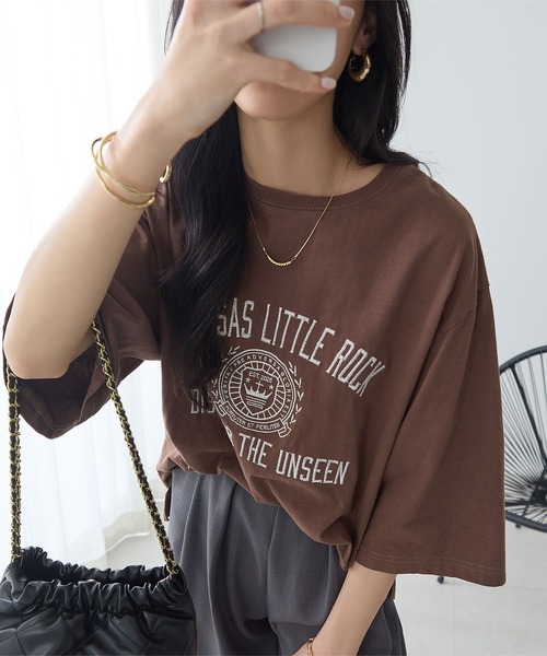 ReDial（リダイアル）の「ピグメント刺繍Tシャツ（Tシャツ/カットソー・レディース・ピンク/チャコールグレー/ブラウン・L/M/3L/LL）」の21枚目の写真