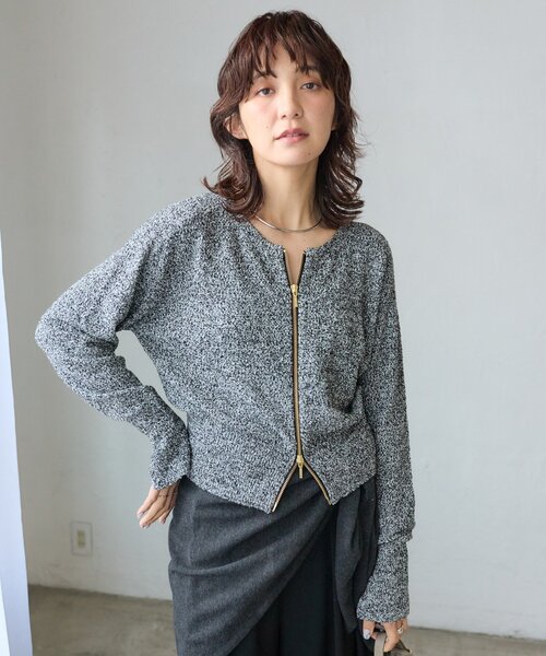 RIVE DROITE（リヴドロワ）の「予約【大人のこなれ感】メランジブークレーZIPニット（カーディガン/ボレロ・レディース・ブラック/ベージュ/サックスブルー・FREE）」の8枚目の写真