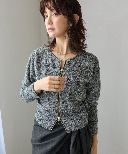 RIVE DROITE（リヴドロワ）の「予約【大人のこなれ感】メランジブークレーZIPニット（カーディガン/ボレロ・レディース・ブラック/ベージュ/サックスブルー・FREE）」の11枚目の写真