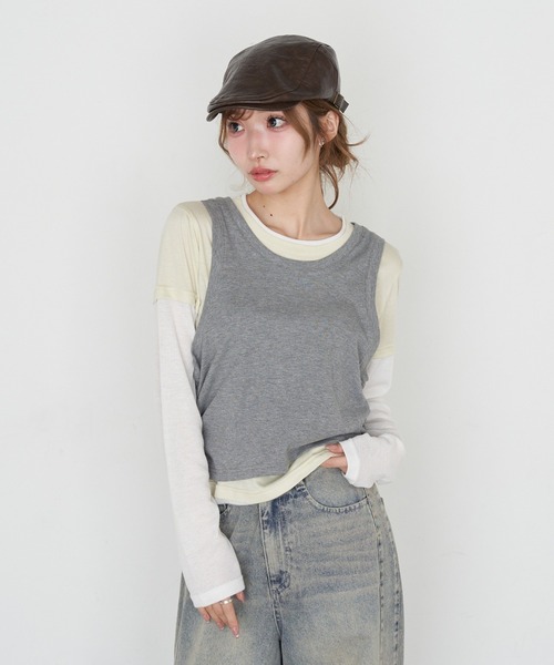 RAY CASSIN(レイカズン)の「デザインレイヤードロンT(Tシャツ/カットソー・レディース・チャコールグレー/グレー系その他2/ネイビー/ホワイト・FREE)」の2枚目の写真