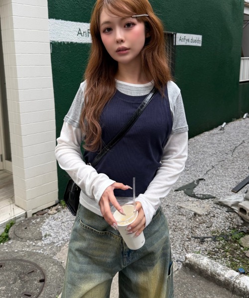 RAY CASSIN(レイカズン)の「デザインレイヤードロンT(Tシャツ/カットソー・レディース・チャコールグレー/グレー系その他2/ネイビー/ホワイト・FREE)」の7枚目の写真