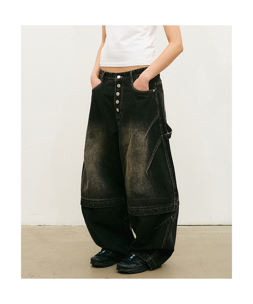 GAKKAI UNIONS(ガッカイユニオンズ)の「ボタンフラップダートバルーンデニムパンツブラック(デニムパンツ・メンズ・その他・SMALL/MEDIUM/LARGE)」の1枚目の写真