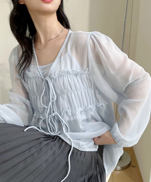 Ada.(エイダ)の「フロントギャザー ビスチェ風 Vネックシアーブラウス(シャツ/ブラウス・レディース・ブルー/アイボリー/ピンク・FREE)」の12枚目の写真