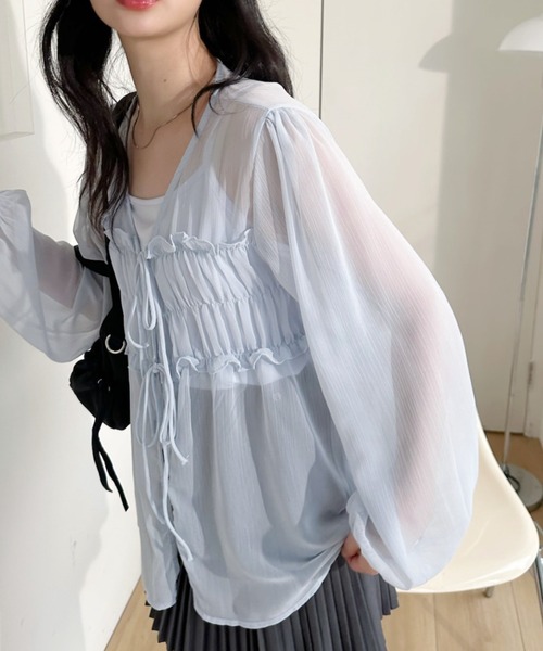 Ada.(エイダ)の「フロントギャザー ビスチェ風 Vネックシアーブラウス(シャツ/ブラウス・レディース・ブルー/アイボリー/ピンク・FREE)」の13枚目の写真