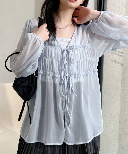 Ada.(エイダ)の「フロントギャザー ビスチェ風 Vネックシアーブラウス(シャツ/ブラウス・レディース・ブルー/アイボリー/ピンク・FREE)」の10枚目の写真