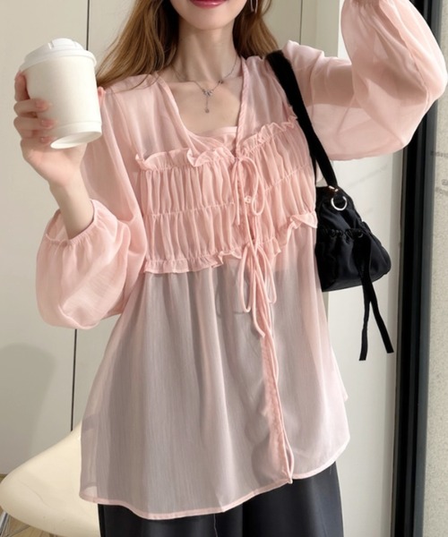 Ada.(エイダ)の「フロントギャザー ビスチェ風 Vネックシアーブラウス(シャツ/ブラウス・レディース・ブルー/アイボリー/ピンク・FREE)」の17枚目の写真