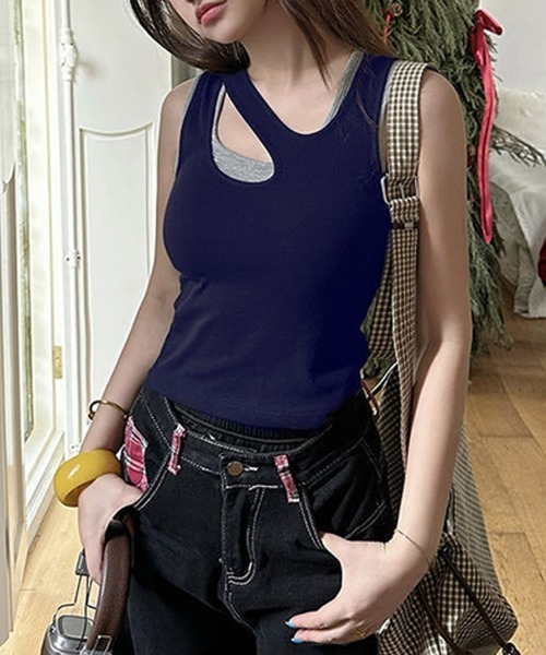 CLOTHY(クロシィ)の「【ラクして盛れるレイヤードトップス】カップ付アシメレイヤードタンク(キャミソール・レディース・パープル/ネイビー/グレー・FREE)」の14枚目の写真
