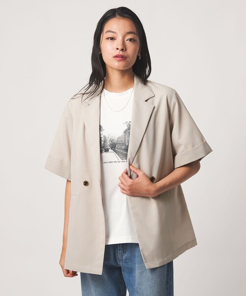 A DAY IN THE LIFE UNITED ARROWS(アデイインザライフユナイテッドアローズ)の「ダブルブレスト ショートスリーブ シャツジャケット ‐セットアップ対応・ウォッシャブル‐ <A DAY IN THE LIFE>(テーラードジャケット・レディース・ネイビー/その他1/ダークグレー/ナチュラル・FREE)」の7枚目の写真