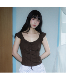 Ribbon Shirring Sleeveless [Brown]
