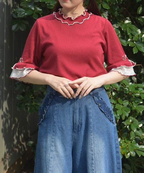 axes femme（アクシーズファム）の「接触冷感チュールメロープルオーバー（Tシャツ/カットソー・レディース・サックスブルー/ホワイト/ピンク/オレンジ/ネイビー/レッド/ブラック・FREE）」の6枚目の写真