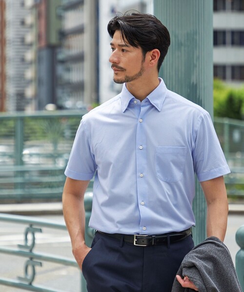 SHIPS(シップス)の「SHIPS:〈FUNCTION〉Albini × RENU(R)半袖 ジャージー ストライプ シャツ(シャツ/ブラウス・メンズ・スカイブルー/ネイビー・SMALL/MEDIUM/LARGE/X-LARGE)」の1枚目の写真