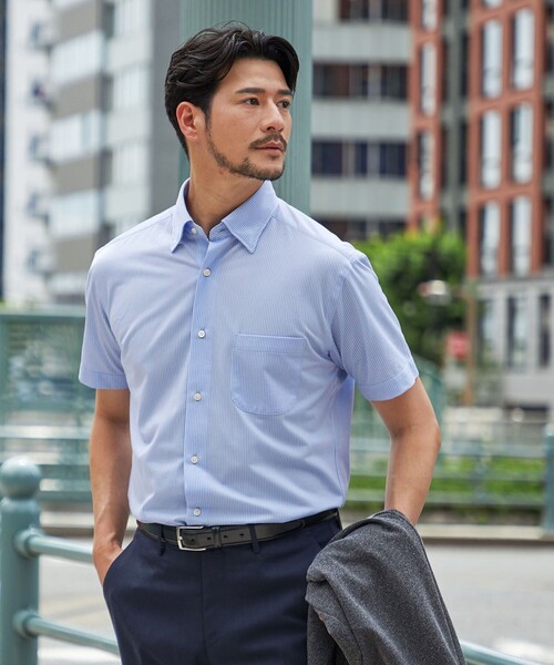 SHIPS(シップス)の「SHIPS:〈FUNCTION〉Albini × RENU(R)半袖 ジャージー ストライプ シャツ(シャツ/ブラウス・メンズ・スカイブルー/ネイビー・SMALL/MEDIUM/LARGE/X-LARGE)」の3枚目の写真