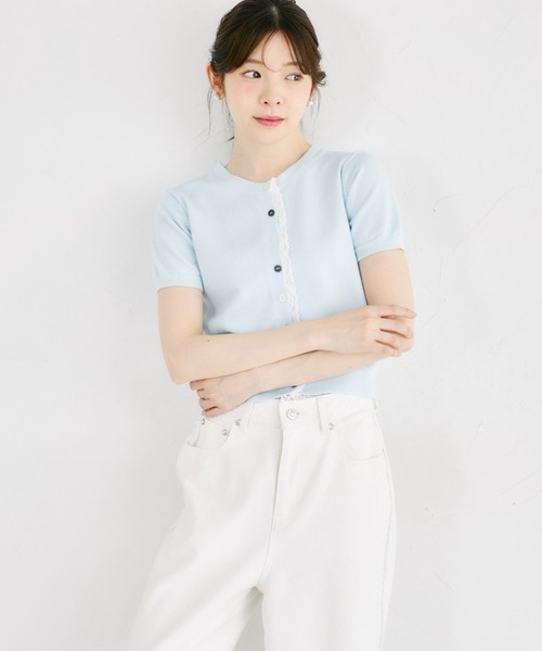 tocco closet(トッコ クローゼット)の「【ZOZO限定】バイカラー釦レースライン装飾半袖ニットカーディガン(カーディガン/ボレロ・レディース・ブルー/アイボリー/ピンク/グレー・M)」の22枚目の写真